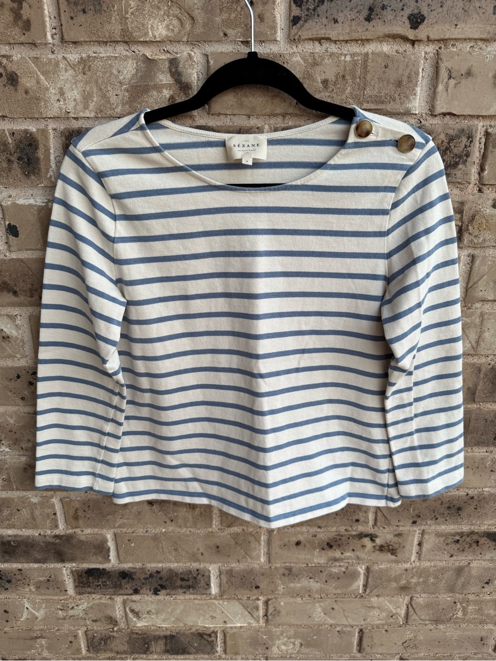 Sezane Colette mariniere blue Ecru Striped Button-Shoulder Top Sz Small - Picture 3 of 10